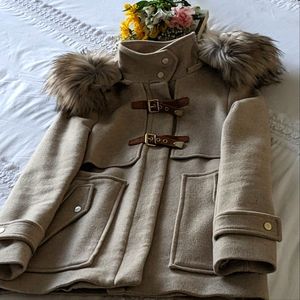 Zara Wool Blend Coat with Faux Fur Hood, Size Small